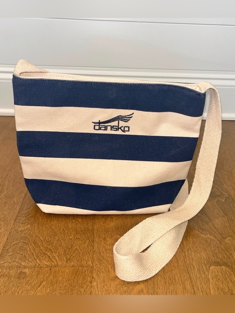 Dansko: Cream & Navy Blue Striped Canvas Crossbody Bag Purse Nautical Snap Butto